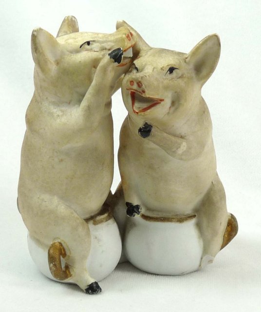 Old German Bisque 2 pink PIGS Sitting on Cup Whispering