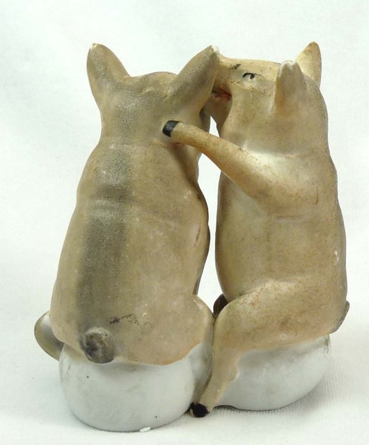 Old German Bisque 2 pink PIGS Sitting on Cup Whispering
