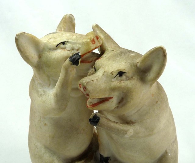 Old German Bisque 2 pink PIGS Sitting on Cup Whispering