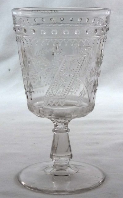 EAPG GOOD LUCK Horseshoe Pattern Glass Goblet