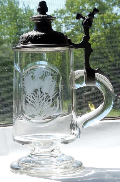Antique Pewter Liddded Cut & Etched Glass Beer Stein