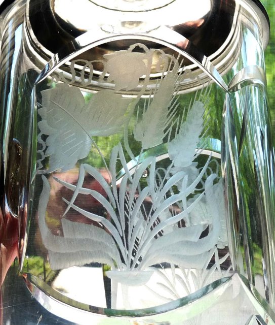 Antique Pewter Liddded Cut & Etched Glass Beer Stein