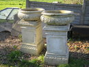 FABULOUS PAIR OF BLASHFIELDS ENGLISH BLONDE TERRACOTTA URNS ON PLINTHS