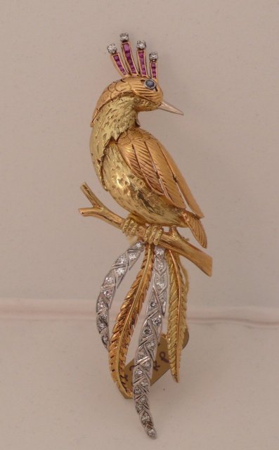 Fabulous 18 Kt. Diamond and Ruby Bird Brooch