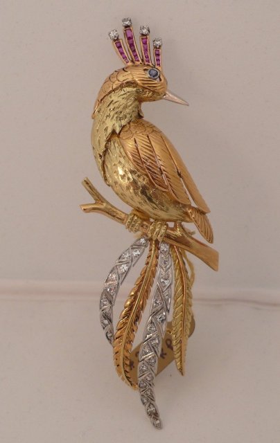 Fabulous 18 Kt. Diamond and Ruby Bird Brooch