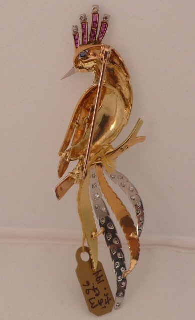 Fabulous 18 Kt. Diamond and Ruby Bird Brooch