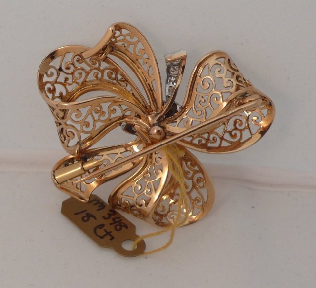 18 Kt. French Gold & Diamond Ribbon Bow Brooch