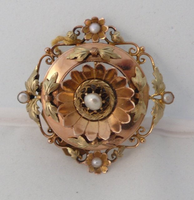 French 18 Kt rose gold & pearl brooch