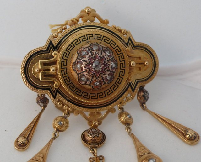 french 18 Kt Gold & Rose Diamond Dangle Brooch