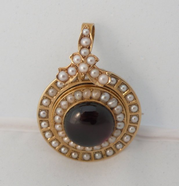 Victorian 15 Kt. Gold & Pearl & Cabochon Garnet Brooch and Pendent