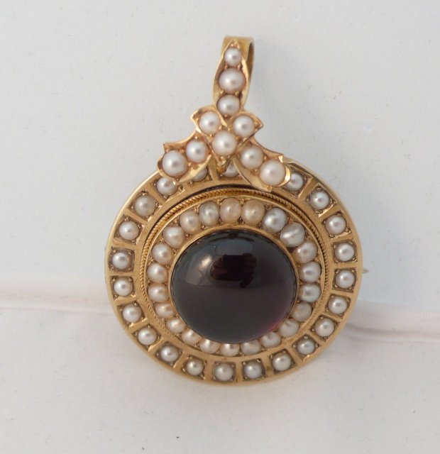Victorian 15 Kt. Gold & Pearl & Cabochon Garnet Brooch and Pendent