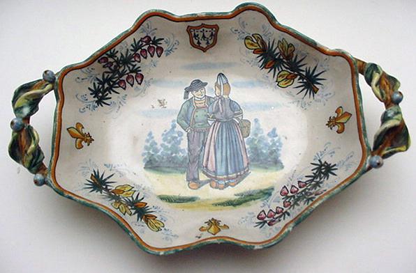 Quimper Dish with Olive Leaf Handles