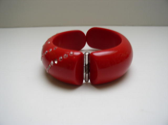 Lucite Bright Red Hinged Bangle/rhinestones