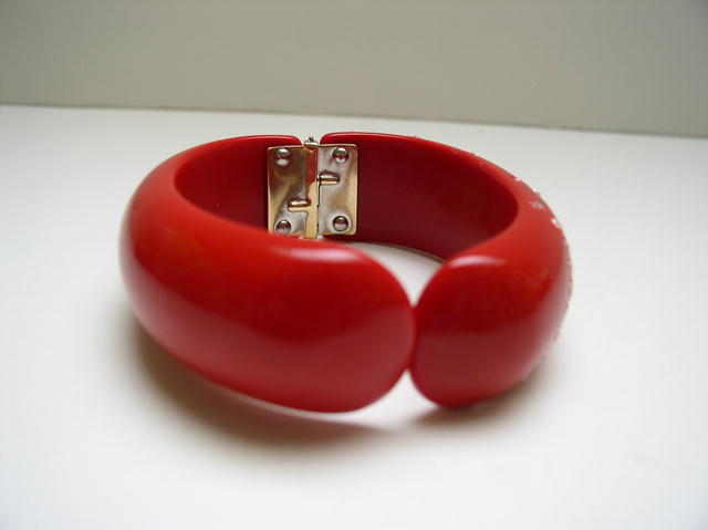 Lucite Bright Red Hinged Bangle/rhinestones