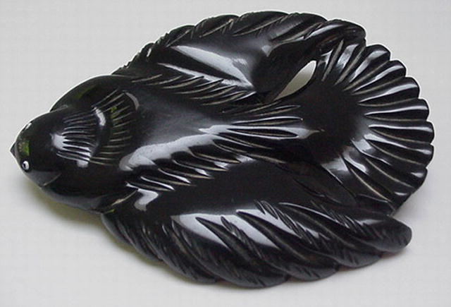 Bakelite Vintage Black Carved Bird Brooch