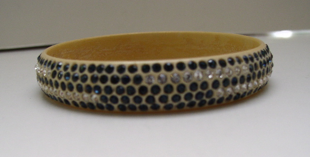 Celluloid blue and clear rhinestone Deco Bangle