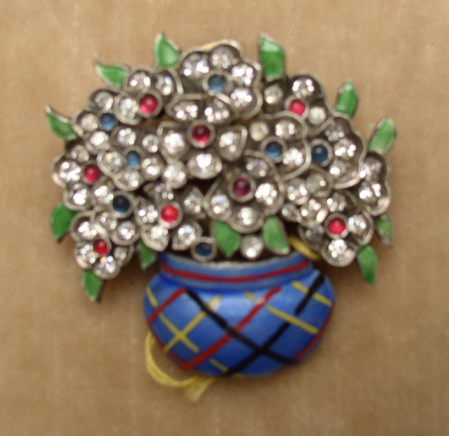 Enamel and Sterling Basket of Flowers Brooch
