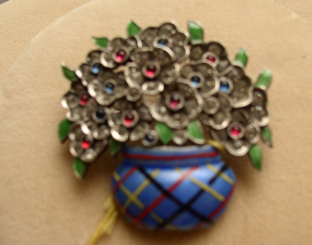 Enamel and Sterling Basket of Flowers Brooch