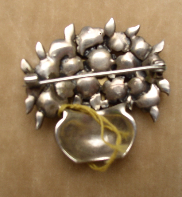 Enamel and Sterling Basket of Flowers Brooch
