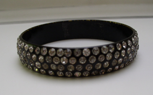 Celluloid Vintage Black and White Rhinestone Bangle