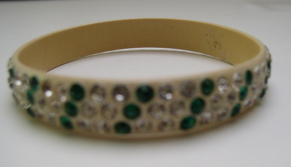 Celluloid Green and White Rhinestone Bangle