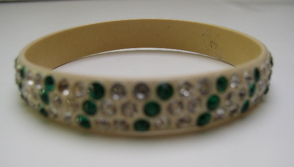 Celluloid Green and White Rhinestone Bangle