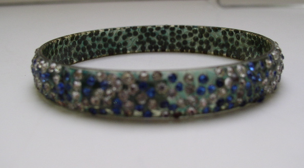 Celluloid Blue and White Rhinestone Bangle