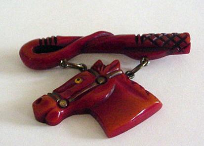 Bakelite Carved Lariat with Horse Dangle Brooch