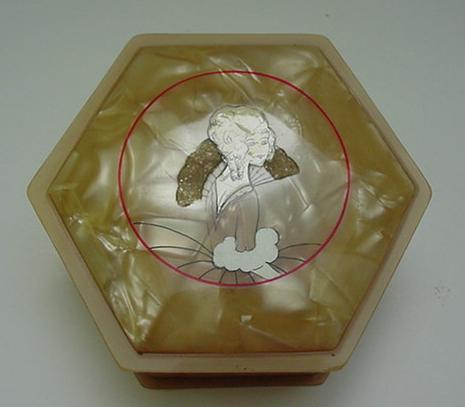 Celluloid Six Sided Vintage Powder Box with Puff