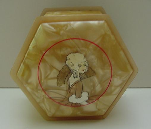 Celluloid Six Sided Vintage Powder Box with Puff