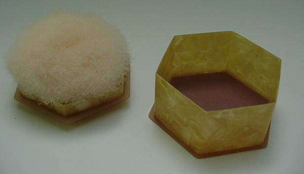 Celluloid Six Sided Vintage Powder Box with Puff