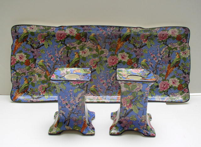 Crown Ducal Blue Chintz Tray with Candlesticks