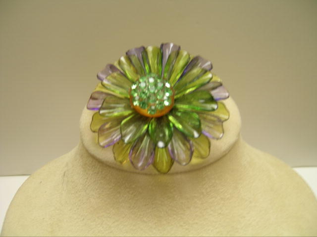 Purple and Green plastic flower brooch