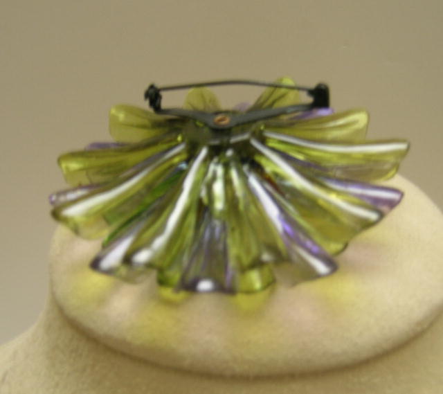 Purple and Green plastic flower brooch