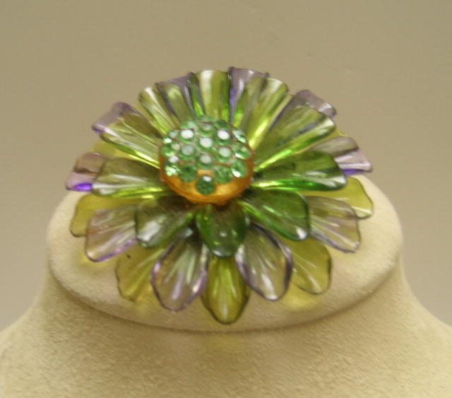 Purple and Green plastic flower brooch