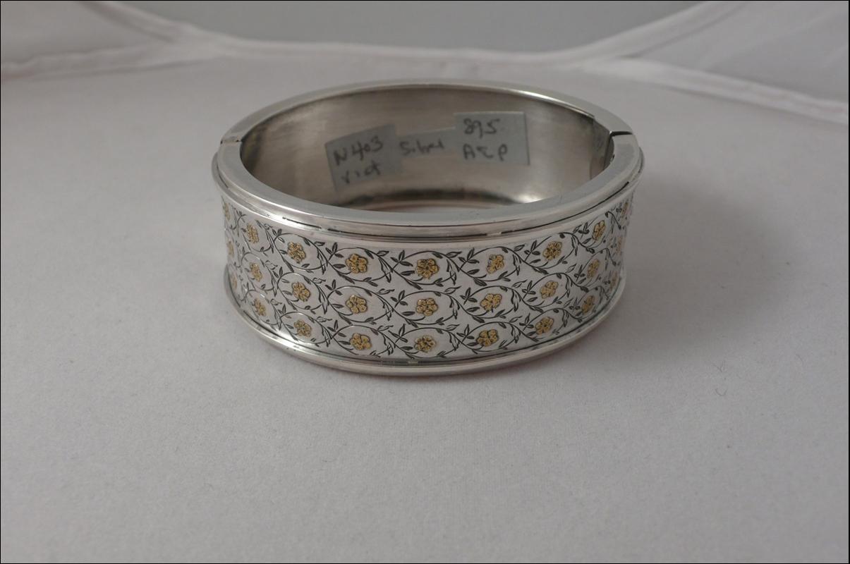 Victorian Sterling Bangle with Gold Flowers
