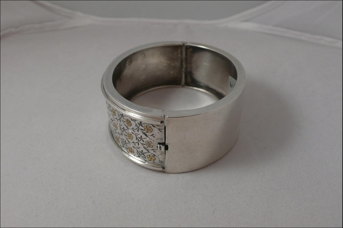 Victorian Sterling Bangle with Gold Flowers
