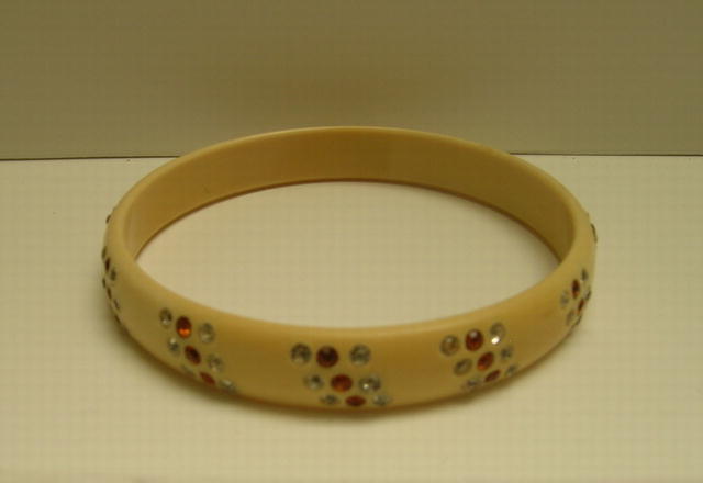 Celluloid Vintage Rhinestone Bangle: gold and white