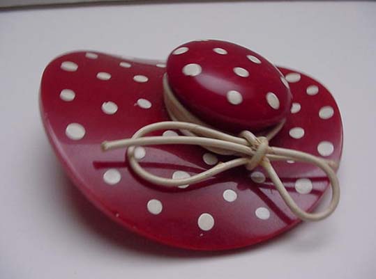 Bakelite Vintage Red Hat with white dots brooch