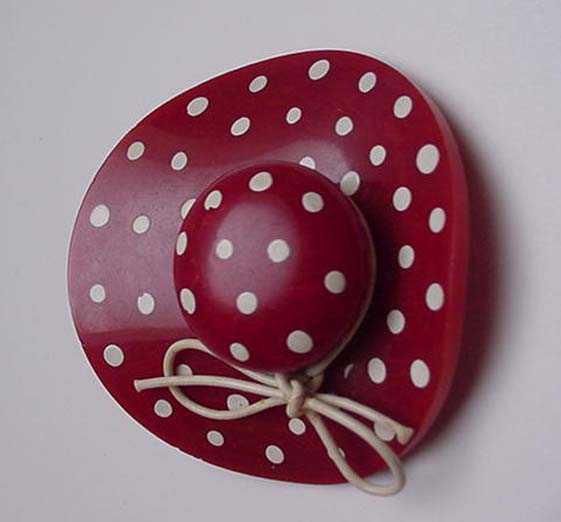 Bakelite Vintage Red Hat with white dots brooch
