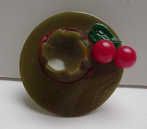 Bakelite Green Hat with Red Cherries Pin