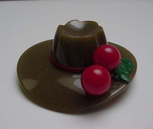 Bakelite Green Hat with Red Cherries Pin
