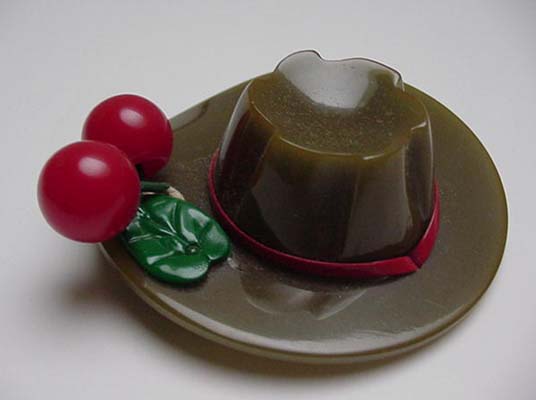 Bakelite Green Hat with Red Cherries Pin