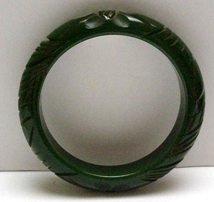 Bakelite Vintage Dark Green Carved Bangle Bracelet