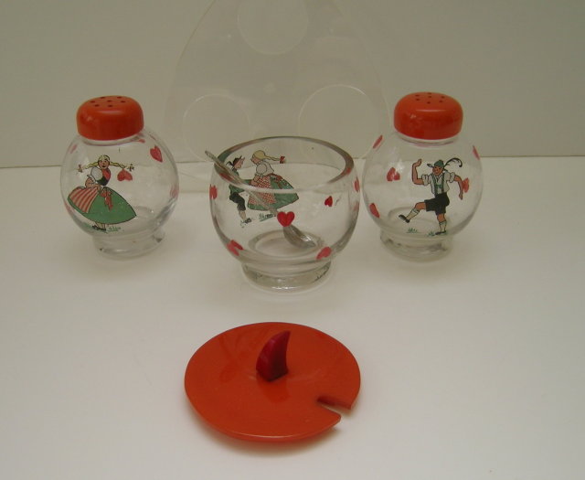 Bakelite & Glass 3 Piece Swiss Cruet