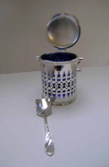 Victorian Silver Plated Jam with Blue Glass