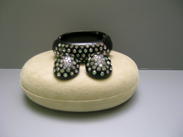 Lucite Black Rhinestone Bangle and Earrings