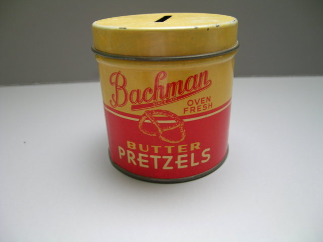Bachman Pretzels Advertising Tin Bank