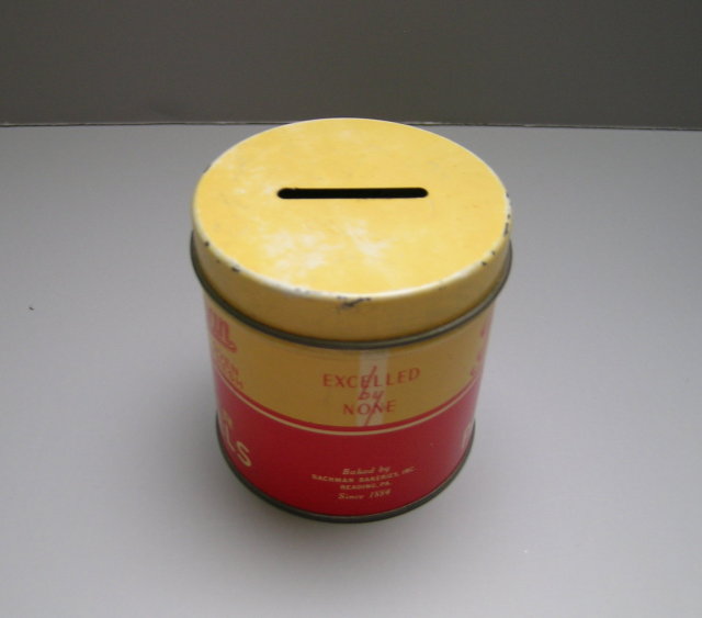 Bachman Pretzels Advertising Tin Bank