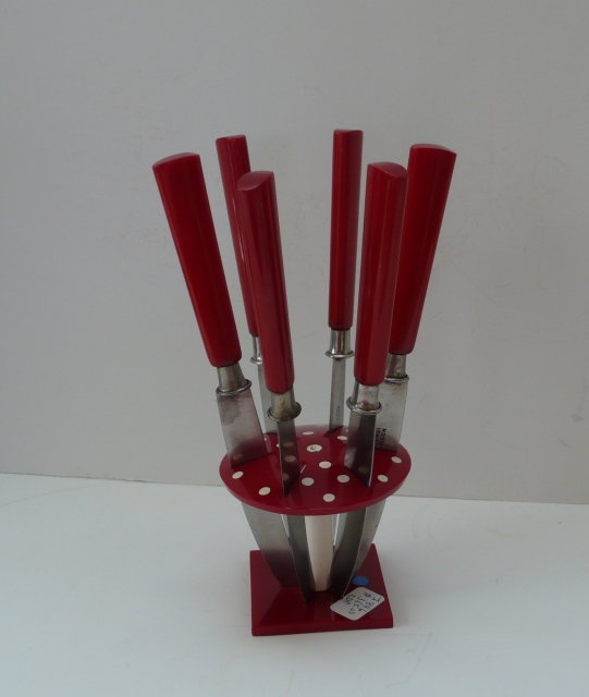 Bakelite Vintage Red Fruit Knives/Stand